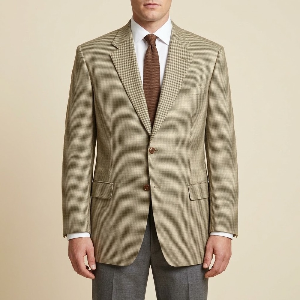 Lauren Ralph Lauren Silk Wool Houndstooth Blazer Jacket Men 44R Beige Brown EUC